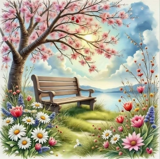 Diamantové malování - Jarní posezení + perleťové kamínky (60 x 60)